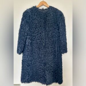 Max Mara Real Goat Fur Teddy Coat in Dark Navy
